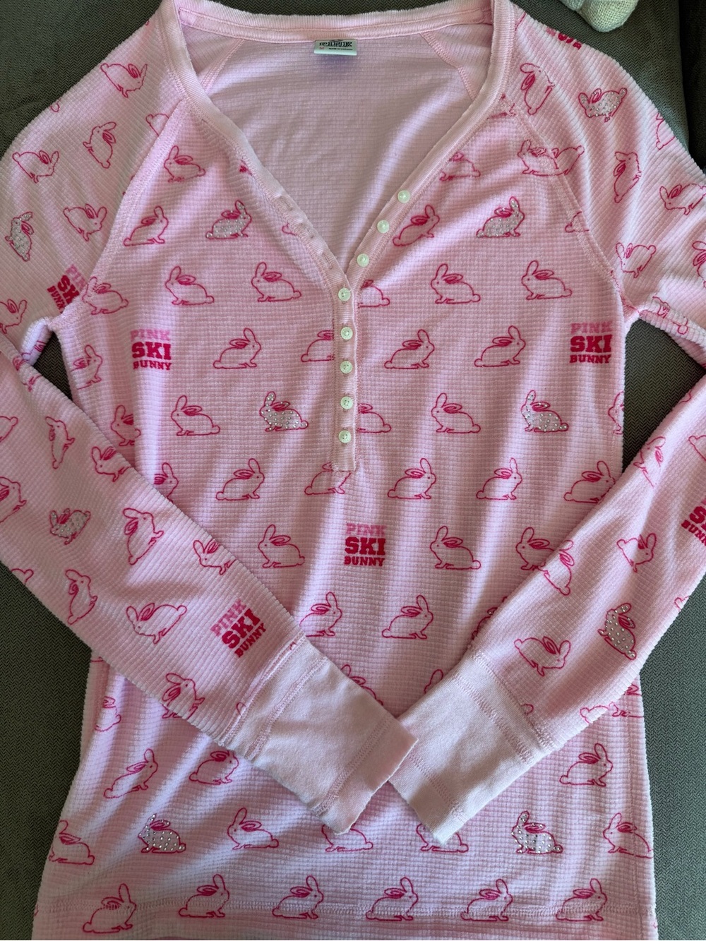 Y2K PINK Victoria's Secret Velour Light Pink Ski Bunny Waffle Henley